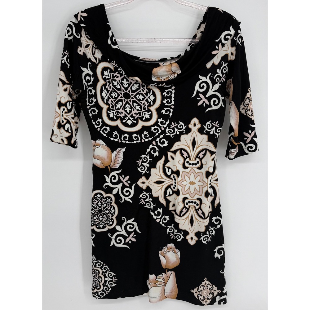 White House‎ Black Market Black White Medallion Cowl Neck Sheath Dress Sz S